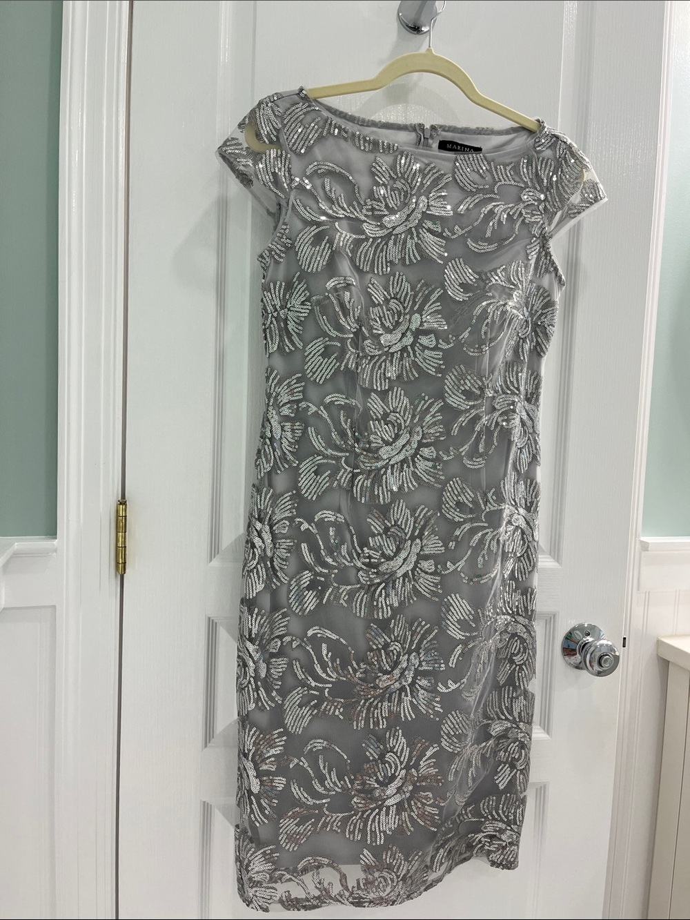 MARINA Silver Sequin Floral Midi Dress